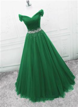 Picture of Green Off Shoulder Tulle Beaded A-line Formal Dresses, Green Floor Length Long Prom Dresses